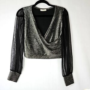 Made in Italy Women's Metallic Sheer Mesh Long  Sleeve Crop Top